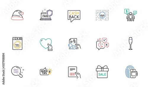 Skin condition, Sale offer and Sleep line icons for website, printing. Collection of Champagne glass, Money transfer, Santa hat icons. Teamwork, Fake internet, Education idea web elements. Vector