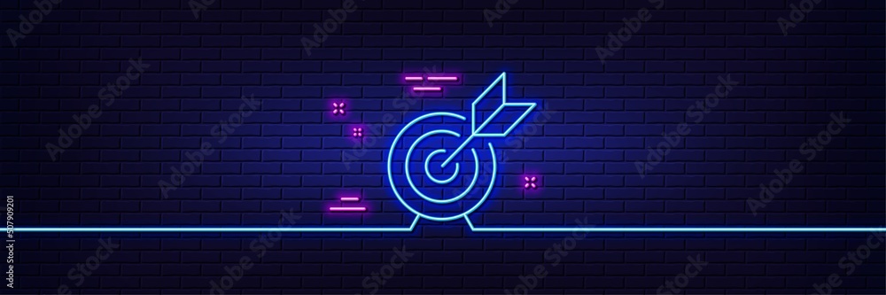 Neon light glow effect. Target goal line icon. Success arrow sign. Business aim symbol. 3d line neon glow icon. Brick wall banner. Target goal outline. Vector Neon light glow effect. Target goal line icon. Success arrow sign. Business aim symbol. 3d line neon glow icon. Brick wall banner. Target goal outline. Vector