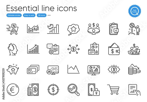 Payment, Card and Loyalty points line icons. Collection of Document, Dollar exchange, Market sale icons. Business vision, Financial diagram, Analytics graph web elements. Loyalty star. Vector