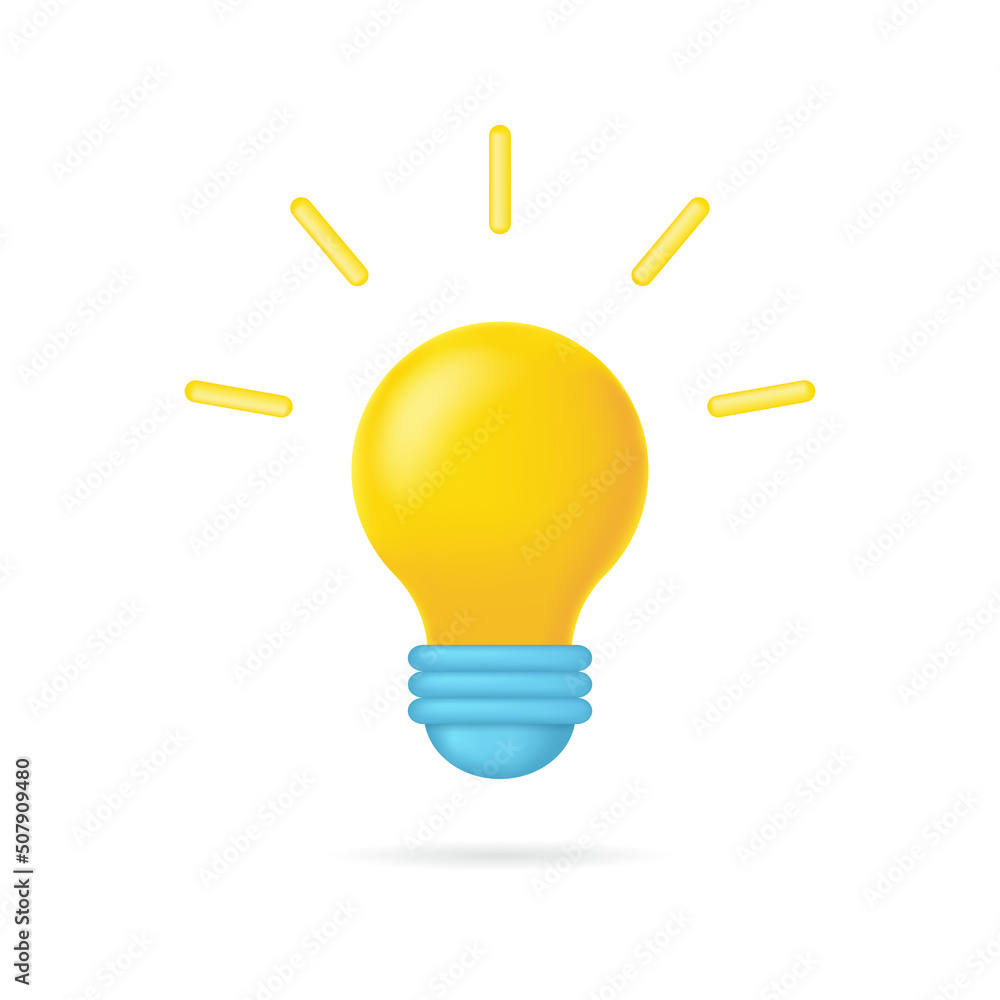 3d bulb. 3d lamp idea. Lightbulb icon with light. Concept of business, energy and think. Symbol of creative and innovation solution. Cartoon object. Vector 3d bulb. 3d lamp idea. Lightbulb icon with light. Concept of business, energy and think. Symbol of creative and innovation solution. Cartoon object. Vector