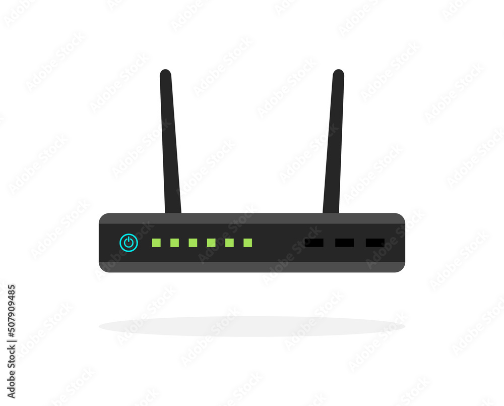 Router broadband. Modem wireless adsl router for wifi and internet. Icon for wireless network with gateway, switch, port antenna. Flat icon. Vector Router broadband. Modem wireless adsl router for wifi and internet. Icon for wireless network with gateway, switch, port antenna. Flat icon. Vector