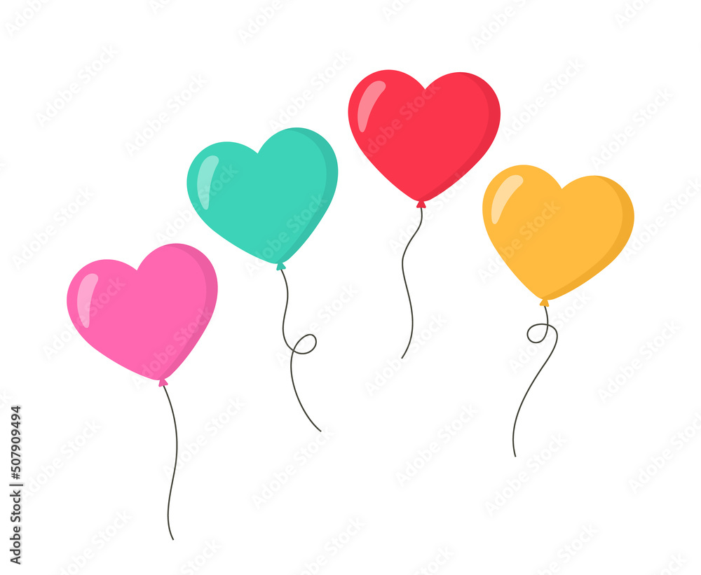 Balloon heart. Hearts of balloons in flat style. Bunch of balloons for love, birthday and party. Flying ballon with rope. Balls isolated on white background. Icons for celebrate and carnival. Vector