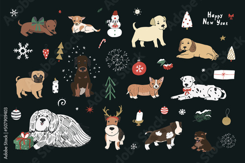 Leinwand Poster cute puppies dogs Christmas vector illustrations set