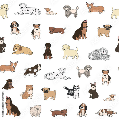 cute puppies dog breed vector seamless pattern