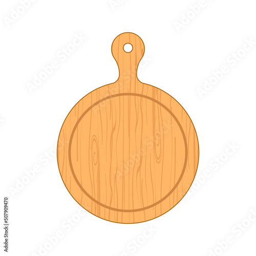 Wooden cut board. Round wooden kitchen board. Round cut board for chop, pizza and meat. Wood texture for cooking of food. Wood plate isolated on white background. Vector