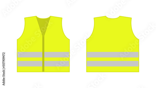 Vis vest. Visible jacket. Yellow visible vest for safety. Jacket for construction, police and security. High visibility of waistcoat. Reflective uniform for protection. Vector photo