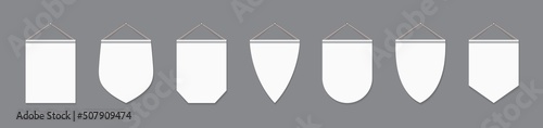 Pennants. White pennants and flags with rope. Hanging pennant mockup. Vertical fabric banner on wall. Set of canvas pennon with string. Blank templates for advertising, award and sale. Vector
