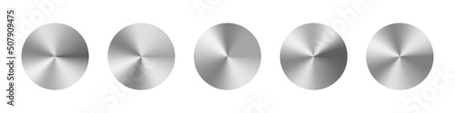 Metal circles. Radial silver texture. Steel gradient circles. Round metal buttons. Circular aluminum badges. Round chrome metallic plate. Shiny logos. Vector