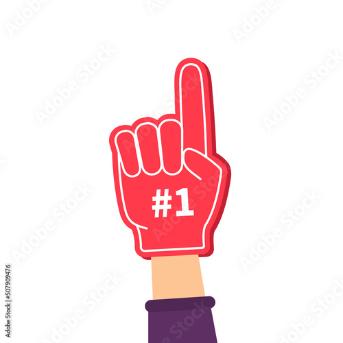 Foam finger. Foam finger with 1 number. Hand of fan with number one. Hand for baseball or football glove with number 1. Cartoon sign for best or winner. Logo for support. Vector