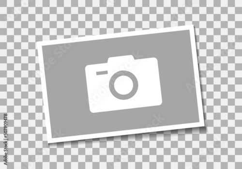Photo frame with camera. Paper photoframe, picture and photography. Old album with realistic photo frame. Blank mockup with shadow for photograph and memory on transparent background. Vector