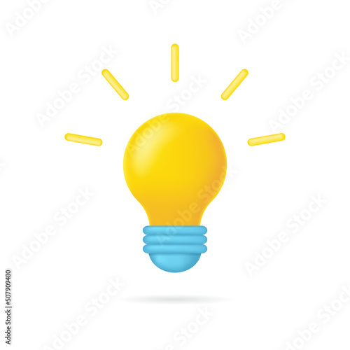 3d bulb. 3d lamp idea. Lightbulb icon with light. Concept of business, energy and think. Symbol of creative and innovation solution. Cartoon object. Vector