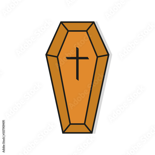 Coffin. Coffin icon. Box with cross for grave. Casket of ghost. Wood box for death, horror and funeral. Spooky symbol of death. Vector