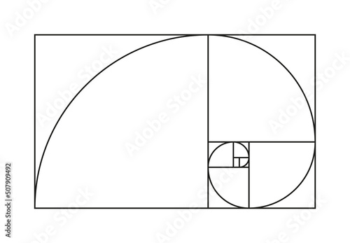 Golden ratio. Golden ratio spiral. Spiral of fibonacci. Section with geometry proportion. Divine gold line. Harmony geometric composition. Vector