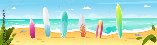 Panorama, banner with surfboads on a beach, landscape with ocean, sky and sand, tropical plants. Vector illustration in flat style