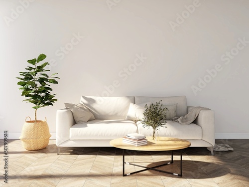 Wall mockup of a living room with a beige sofa, ornamental plants and books. 3d rendering, interior design, 3d illustration