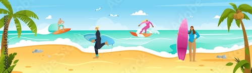 People, surfers having fun during summer time on surfboards. Beach resort, landscape with sand, sea, palm trees. Flat vector illustration © Jango_art