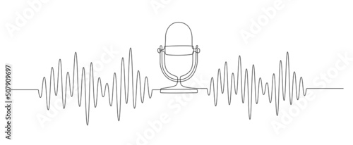 Continuous one line drawing of podcast microphone and sound wave with different amplitude. Vintage mike in simple linear style for banner music, webinar, online training. Doodle vector illustration