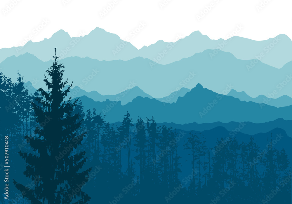 Mountains blue background. Spruce and pine mountain forest. Vector illustration - obrazy, fototapety, plakaty 