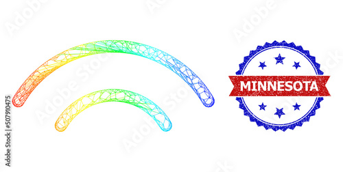 Crossing mesh broadcasting carcass illustration with rainbow gradient, and bicolor textured Minnesota watermark. Red stamp seal includes Minnesota caption inside blue rosette.