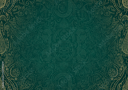 Hand-drawn unique abstract ornament. Light green on a dark cold green background, with vignette in golden glitter. Paper texture. Digital artwork, A4. (pattern: p01a)