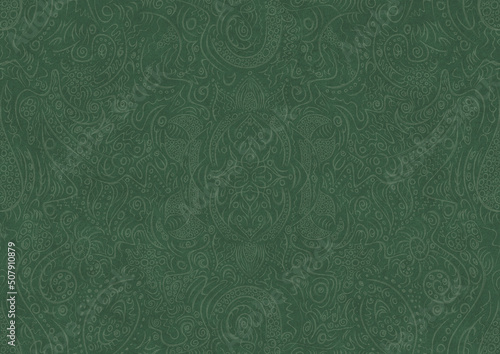 Hand-drawn unique abstract symmetrical seamless ornament. Bright semi transparent green on a deep warm green background. Paper texture. Digital artwork, A4. (pattern: p01a)