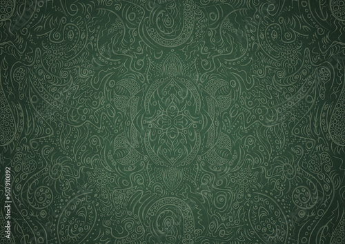 Hand-drawn unique abstract symmetrical seamless ornament. Bright green on a deep warm green with vignette of a darker background color. Paper texture. Digital artwork, A4. (pattern: p01a)