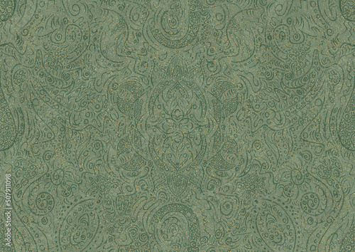 Hand-drawn unique abstract seamless ornament. Dark green on light warm green background, with splatters of golden glitter. Paper texture. Digital artwork, A4. (pattern: p01a)
