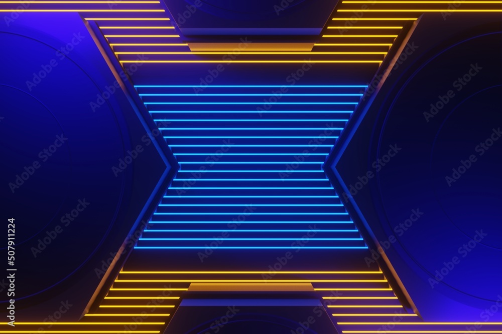 Obraz premium abstract backgound video game of esports scifi gaming cyberpunk, vr virtual reality simulation and metaverse, scene stand pedestal stage, 3d illustration rendering, futuristic neon glow room
