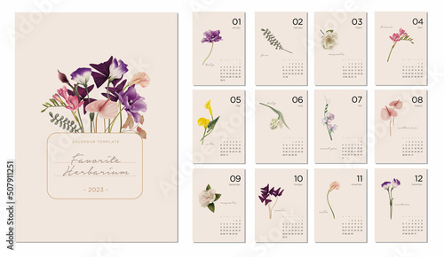 2023 calendar template on a botanical theme. Calendar design concept with abstract seasonal flowers and plants. Set of 12 months 2022 pages. Herbarium. Vector illustration