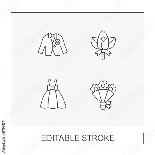 Wedding line icons set. Dress, suit, flowers. Wedding ceremony and celebration for couple and guests. Party concepts. Isolated vector illustrations. Editable stroke