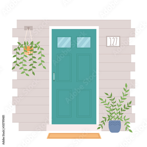 House entrance decorated with potted plants. Closed front door to apartment. Vector illustration