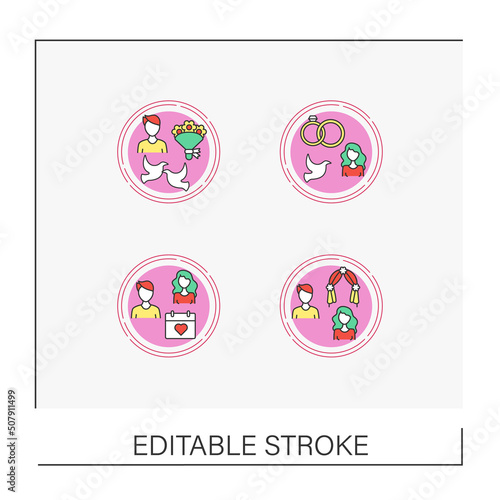 Wedding concept icons set. Happy moments. Wedding ceremony and celebration for couple and guests. Party. Vector isolated conception metaphor illustrations