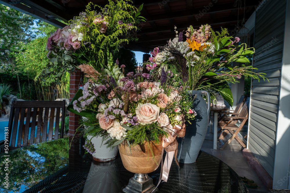 Flower arrangement, colorful bouquet at the wedding ceremony.