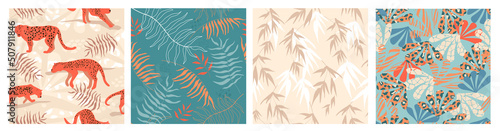 A set of seamless patterns with summer tropical, exotic animal print. Palm leaves, leopard spots. Vector graphics.