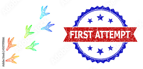 Mesh net bird steps carcass icon with spectral gradient, and bicolor scratched First Attempt seal stamp. Red stamp seal has First Attempt caption inside blue rosette.