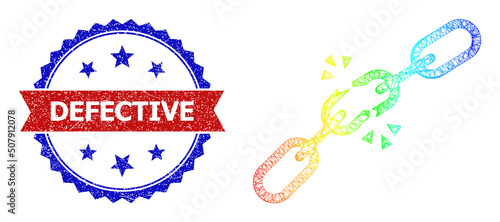 Mesh net broken chain carcass illustration with spectral gradient, and bicolor scratched Defective stamp. Red stamp seal contains Defective title inside blue rosette.