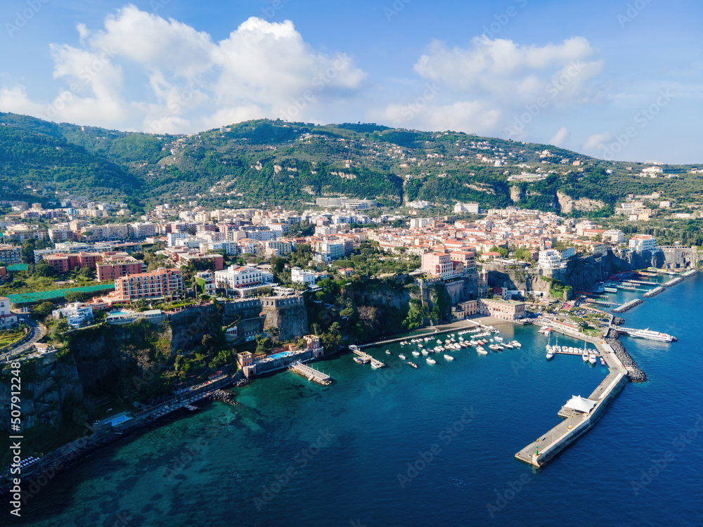Sorrento Italy Aerial view of the coast in daylight panorama. Amalfi Coast