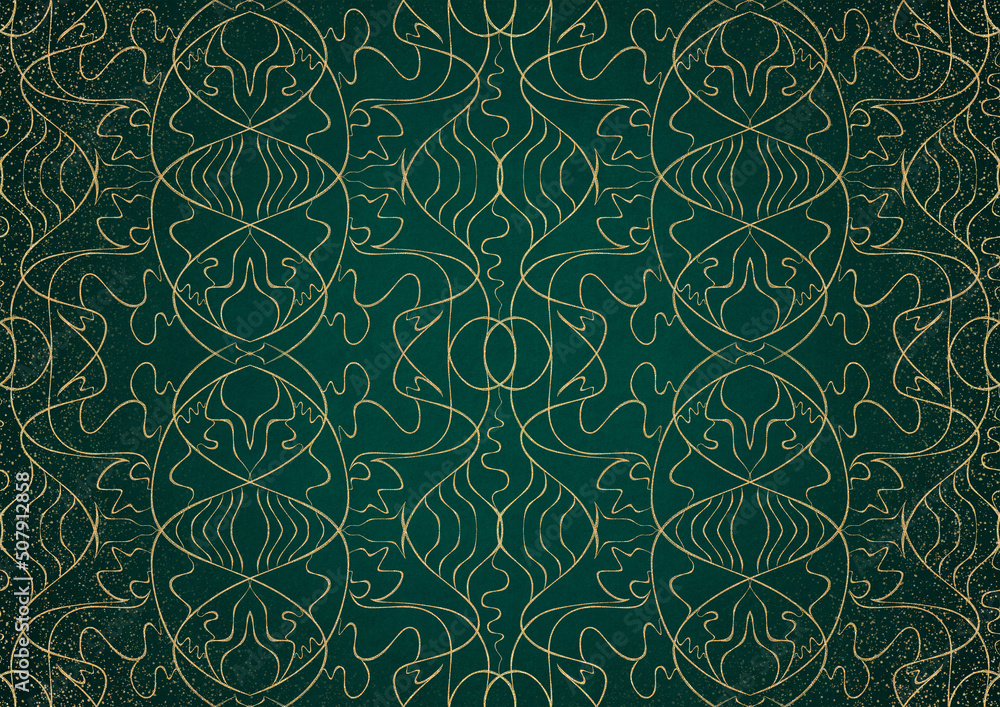 custom made wallpaper toronto digitalHand-drawn unique abstract gold ornament on a dark green cold background, with vignette of darker background color and splatters of golden glitter. Paper texture. A4. (pattern: p02-1b)