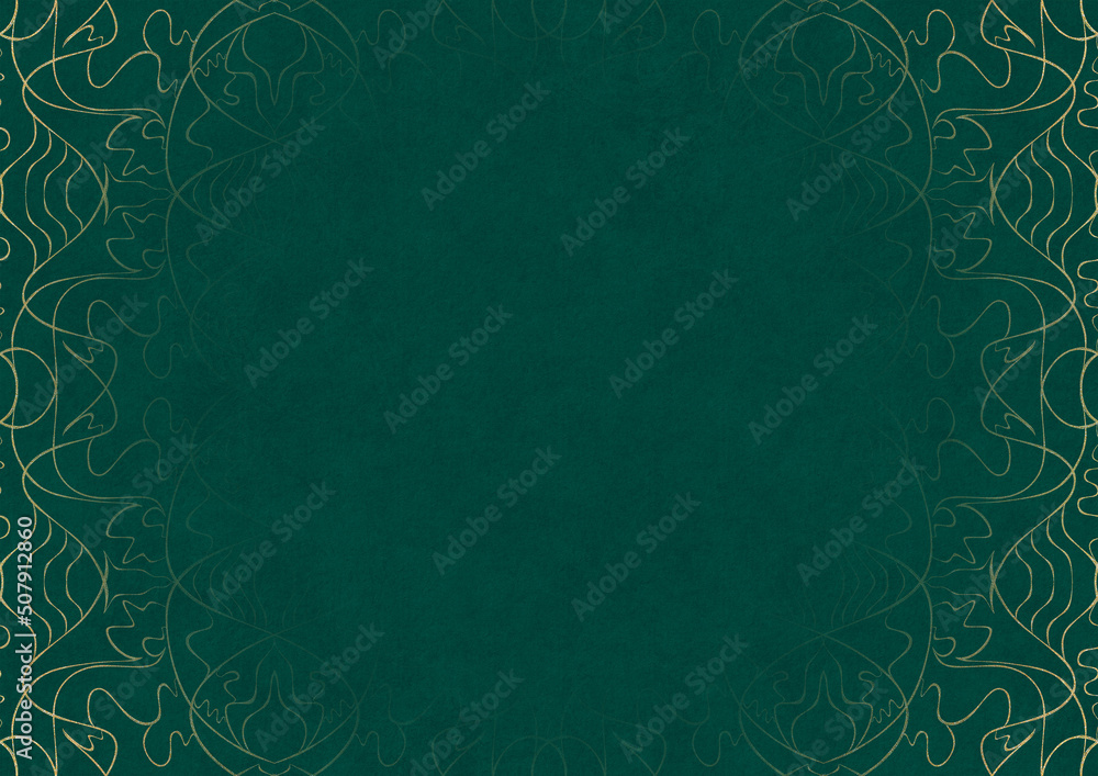 Dark cold green textured paper with vignette of golden hand-drawn pattern. Copy space. Digital artwork, A4. (pattern: p02-1b)