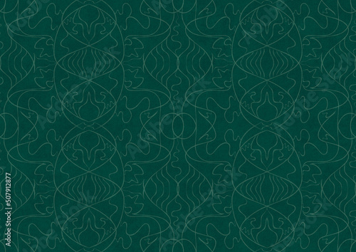 Hand-drawn unique abstract symmetrical seamless ornament. Bright semi transparent green on a deep cold green background. Paper texture. Digital artwork, A4. (pattern: p02-1b)