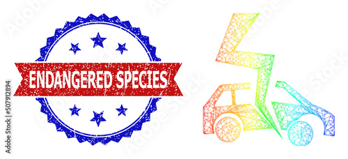 Network car accident frame illustration with rainbow gradient, and bicolor rubber Endangered Species seal stamp. Red stamp seal contains Endangered Species text inside blue rosette.