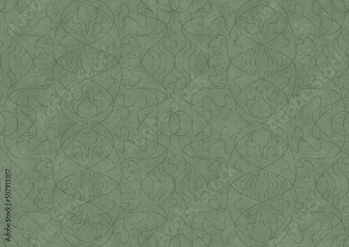 Hand-drawn unique abstract symmetrical seamless ornament. Dark semi transparent green on a light warm green background color. Paper texture. A4. (pattern: p02-1b)