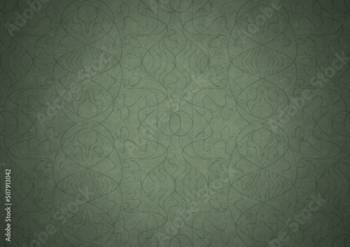 Hand-drawn unique abstract symmetrical seamless ornament. Dark semi transparent green on a light warm green with vignette of a darker background color. Paper texture. A4. (pattern: p02-1b)