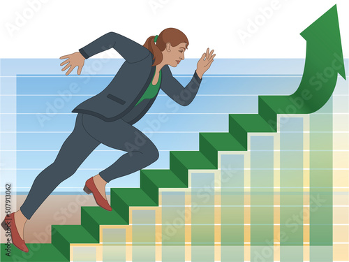 businesswoman running up stairs on upward arrow with bar chart in background