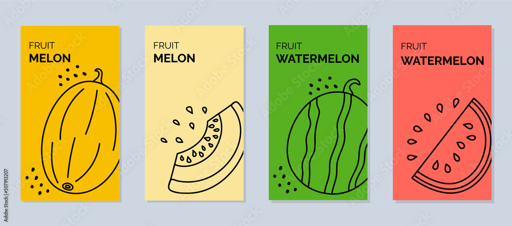 Bright banners with summer fruits - watermelon and melons. Pieces of watermelon and melon. Vector illustration