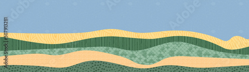Abstract farm field collage background. Agro land backdrop, farmland landscape vector illustration with texture. Oriental decorative banner, eco design, green rural panorama, ecology art header