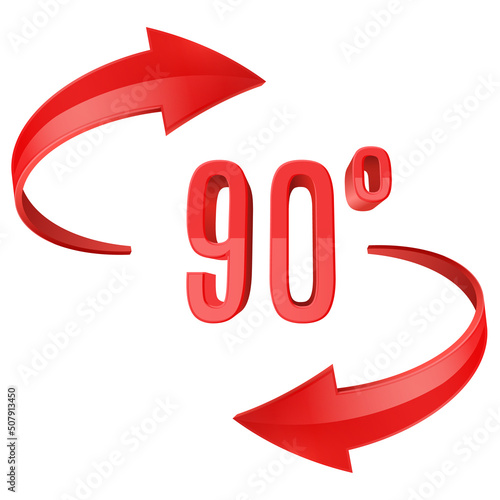 Red glossy 3D curve arrows and 90 degrees sing. Arrow vector icon. 3d vector icon. Arrow vector icon. 3d vector icon.