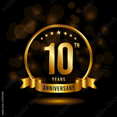 10 years anniversary logo with golden ring and ribbon for booklet, leaflet, magazine, brochure poster, banner, web, invitation or greeting card. Vector illustrations.