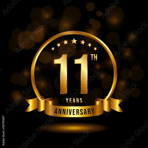 11 years anniversary logo with golden ring and ribbon for booklet, leaflet, magazine, brochure poster, banner, web, invitation or greeting card. Vector illustrations.