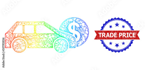 Crossing mesh car leasing carcass icon with rainbow gradient, and bicolor rubber Trade Price stamp. Red stamp seal includes Trade Price title inside blue rosette. Bright carcass mesh car leasing icon.